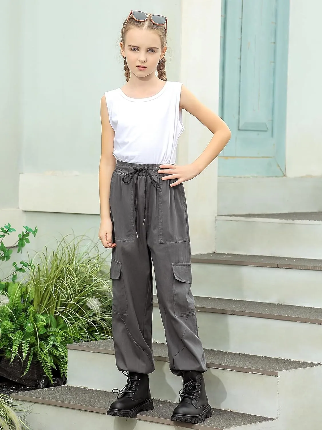 Girls Cargo Pants Baggy Joggers Lightweight Elastic Waist Drawstring with Pockets Casual Travel Hiking Streetwear