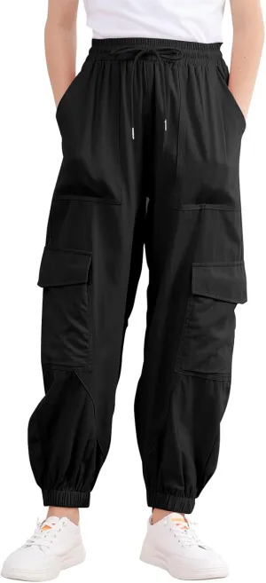 Girls Cargo Pants Baggy Joggers Lightweight Elastic Waist Drawstring with Pockets Casual Travel Hiking Streetwear