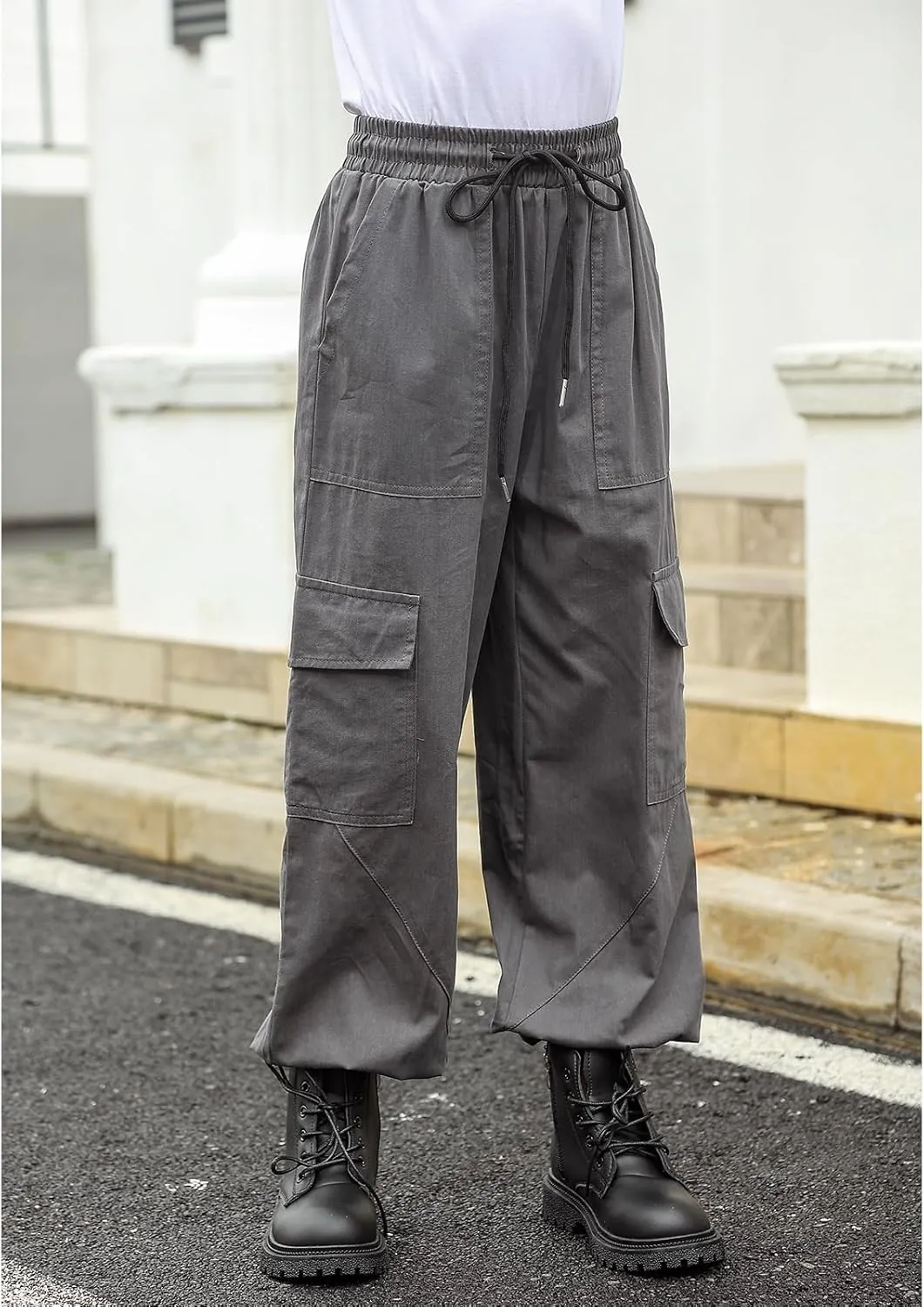 Girls Cargo Pants Baggy Joggers Lightweight Elastic Waist Drawstring with Pockets Casual Travel Hiking Streetwear