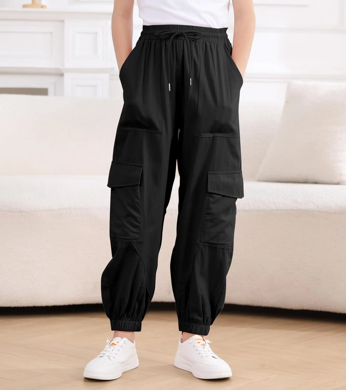 Girls Cargo Pants Baggy Joggers Lightweight Elastic Waist Drawstring with Pockets Casual Travel Hiking Streetwear