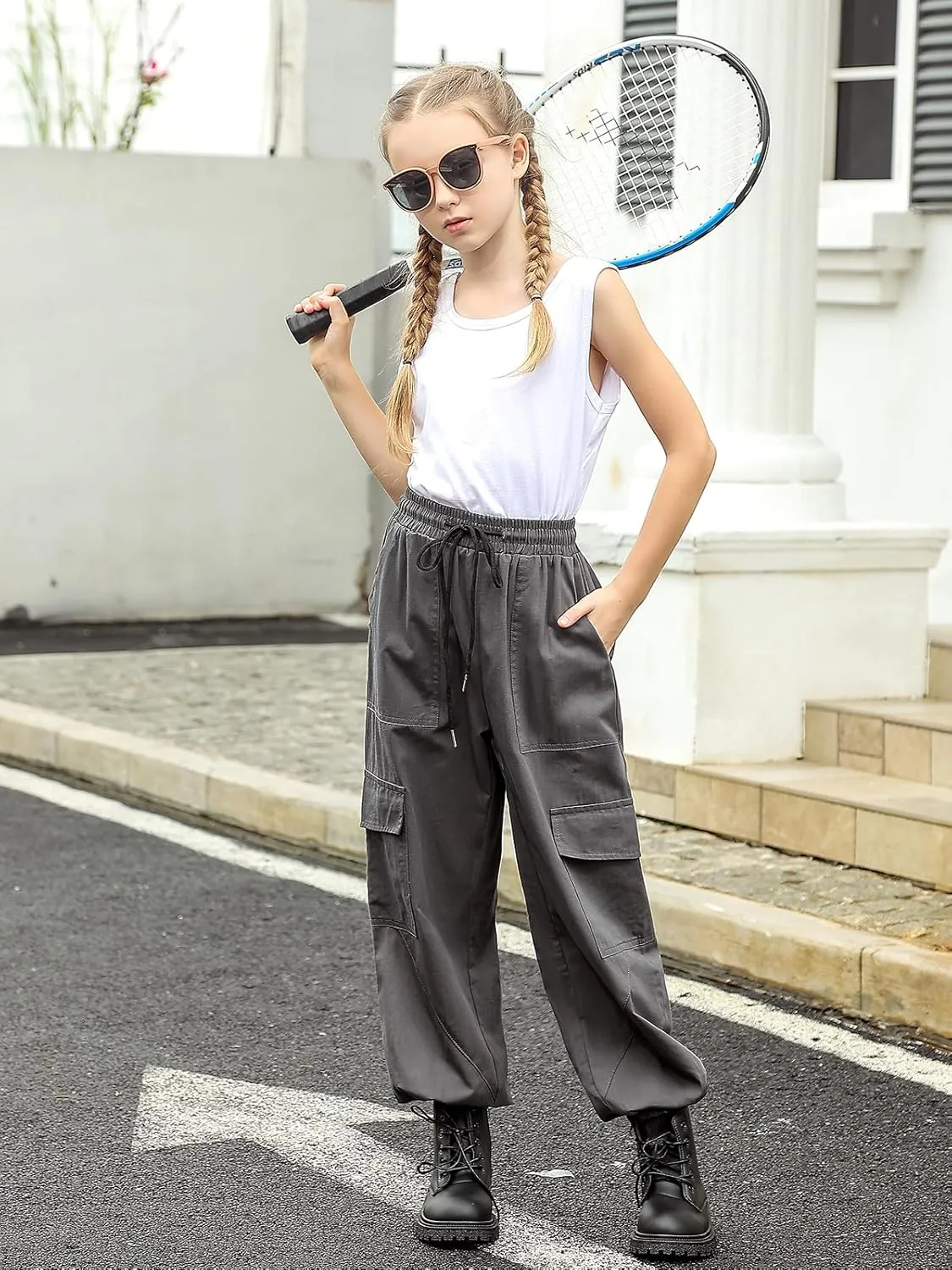 Girls Cargo Pants Baggy Joggers Lightweight Elastic Waist Drawstring with Pockets Casual Travel Hiking Streetwear
