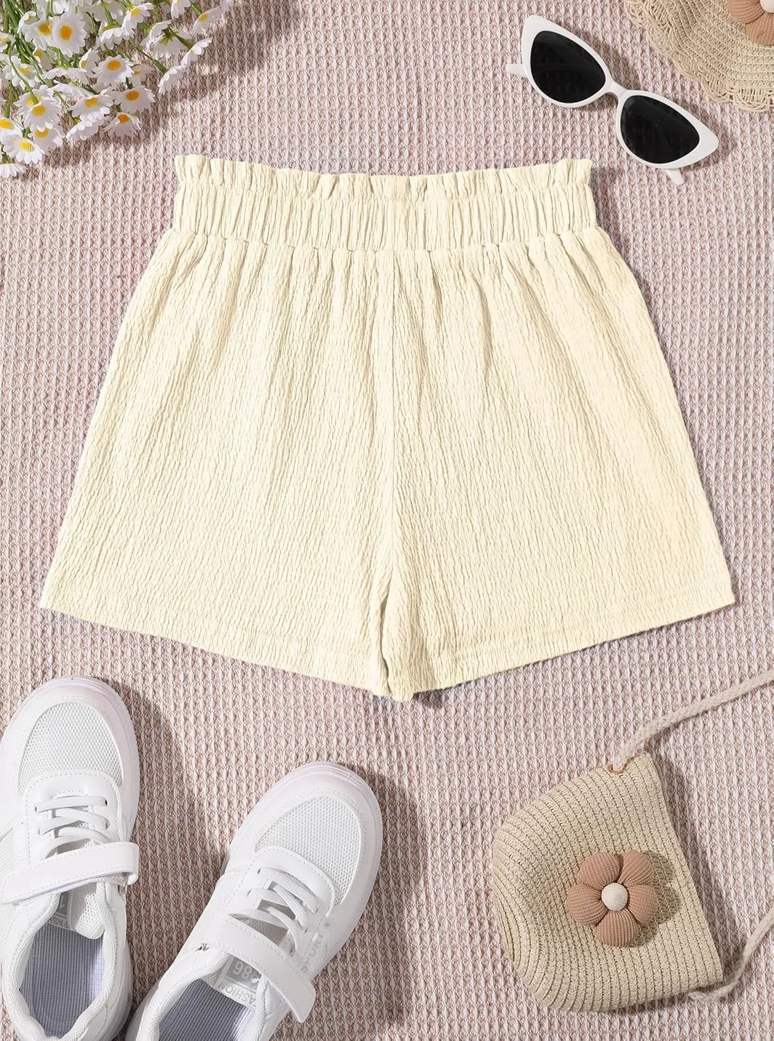 Girls' Casual Ruffled Paperbag Waist Shorts Elastic Summer Wide Leg Shorts