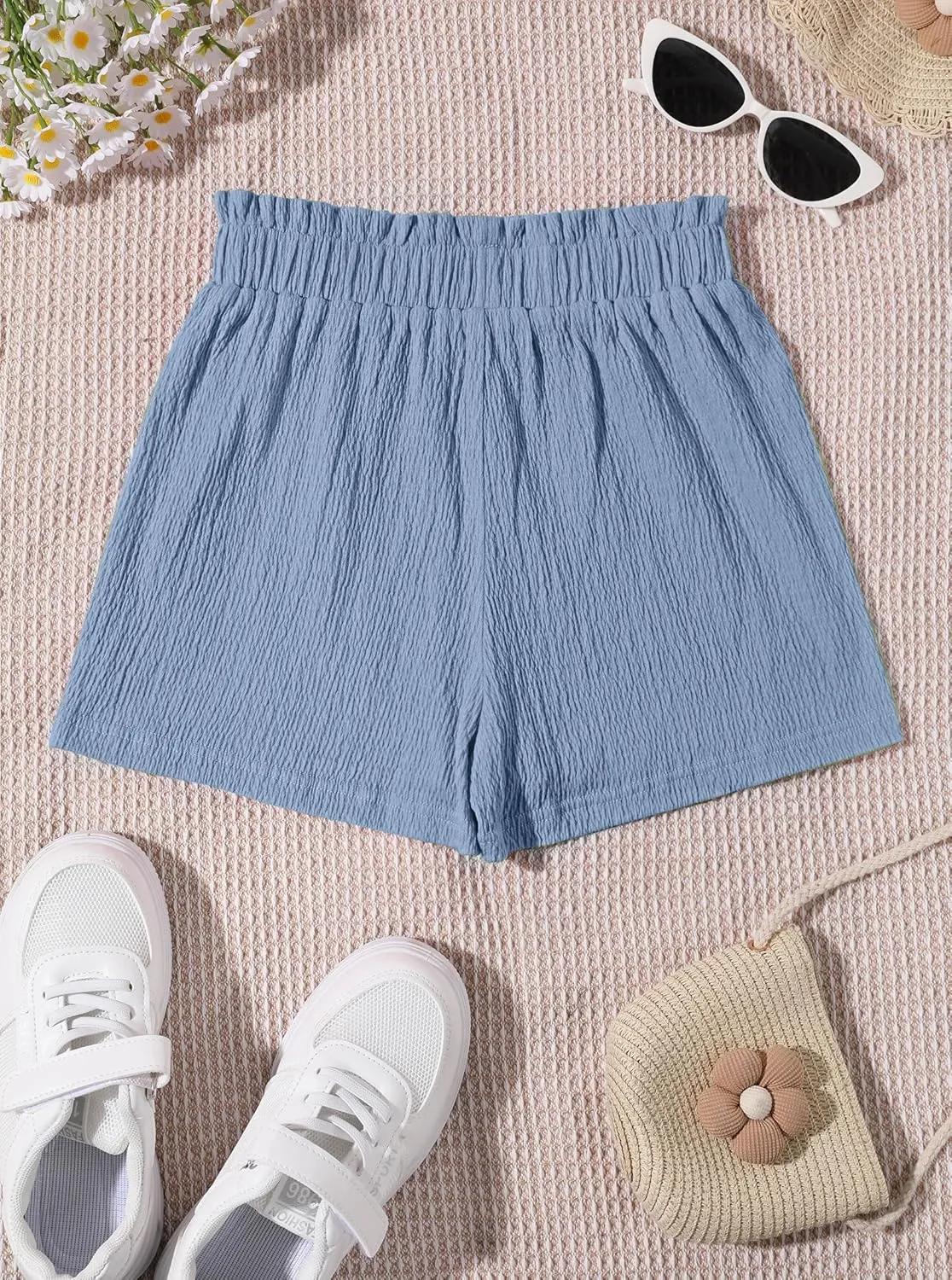 Girls' Casual Ruffled Paperbag Waist Shorts Elastic Summer Wide Leg Shorts