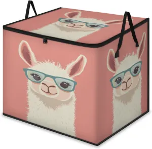 Glasses Alpaca Large Storage Bags Pale Pink Foldable Clothes Storage Bins Blanket Organizers Storage Containers with Reinforced Handles for Closet Comforter Pillow Bedding