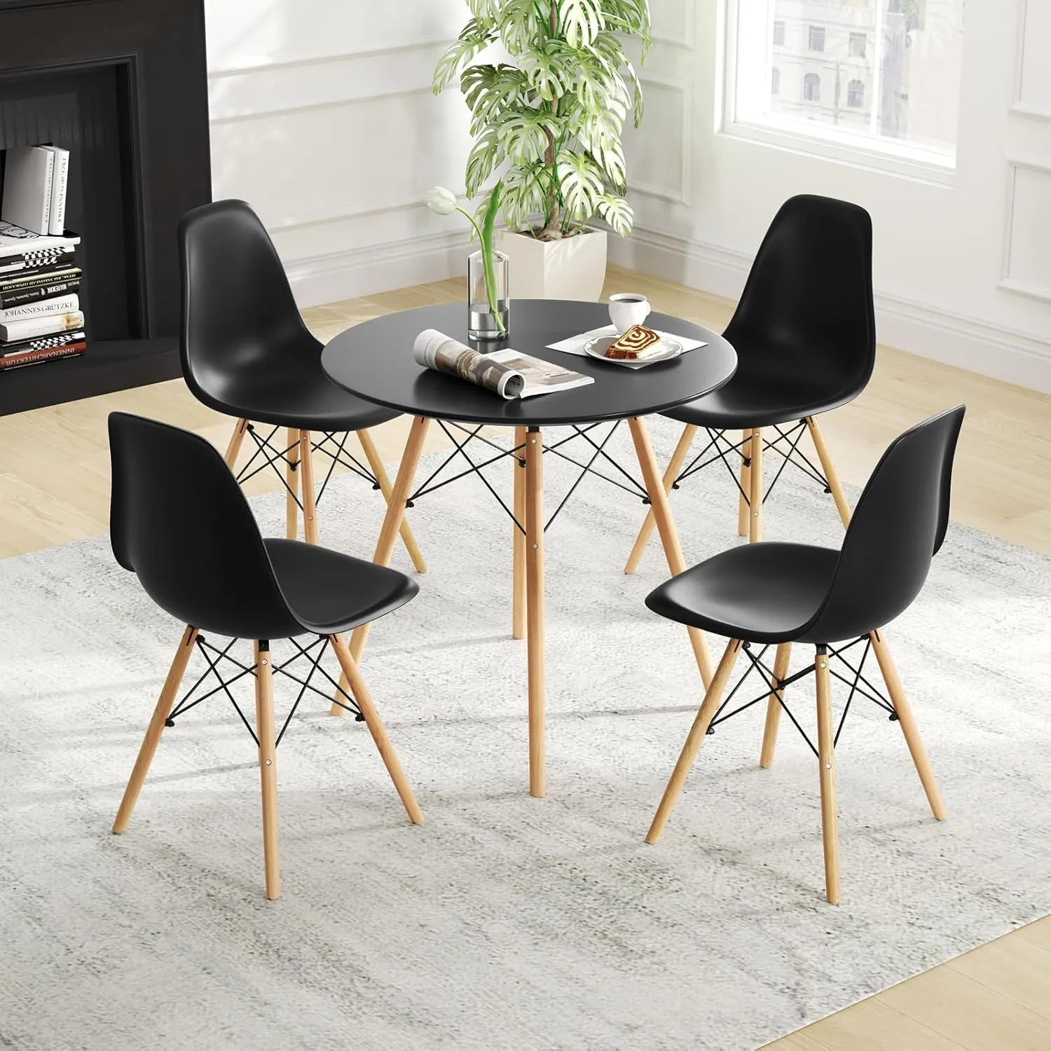 GOFLAME 5-Piece Dining Table Set for 4, Round Kitchen Table and 4 DSW Chairs with Solid Wood Legs & Reinforced Metal Frame, Modern Dinette Set for Dining Room, Breakfast Nook, Small Space, Black