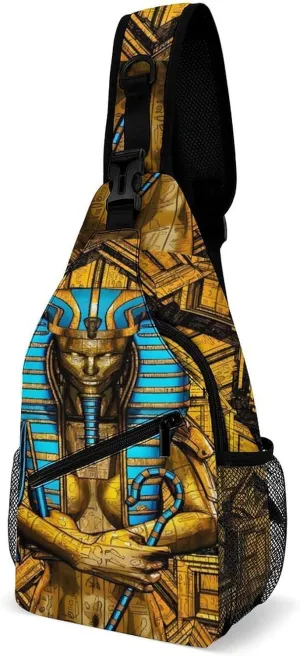Golden Egyptian Sphinx And Hieroglyphics Pharaoh Sling Bags Men And Women Shoulder Backpack Chest Bag Cross Body Chest Sling Backpack., 15x8x4in