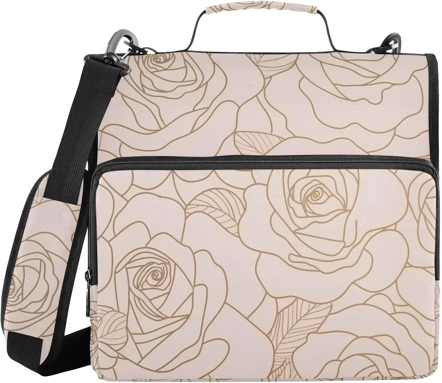 Golden Rose Flower Line Zipper Binder with Shoulder Strap Trapper Keeper 3 Ring Binder Organizer Large Capacity Multiple Compartments for School Office