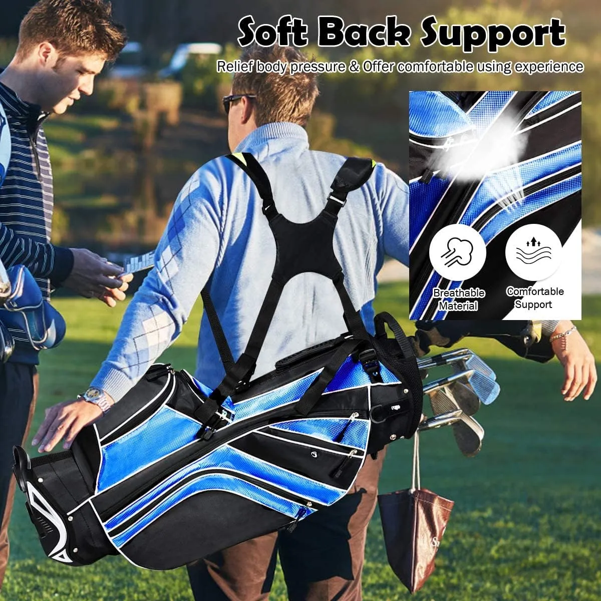 Golf Stand Bag, Golf Club Bag w/6 Large Way Top Dividers & 7 Pockets, Lightweight Golf Carry Bag w/Ergonomic Dual Straps & 2 Aluminium Pole, Lightweight Golf Bag for Men & Women