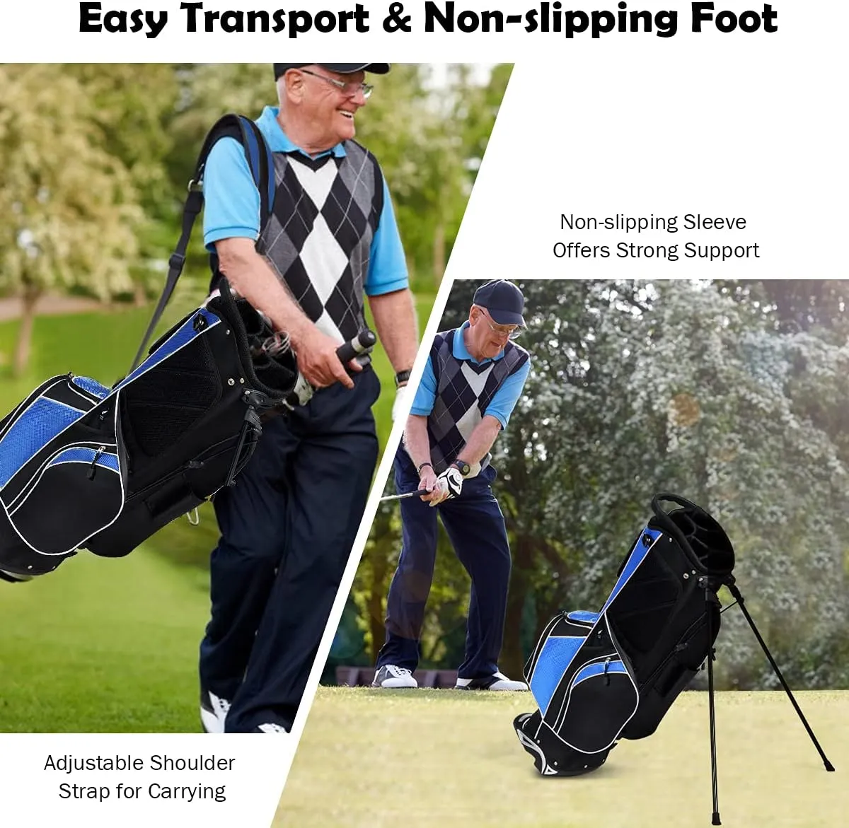 Golf Stand Bag, Golf Club Bag w/6 Large Way Top Dividers & 7 Pockets, Lightweight Golf Carry Bag w/Ergonomic Dual Straps & 2 Aluminium Pole, Lightweight Golf Bag for Men & Women