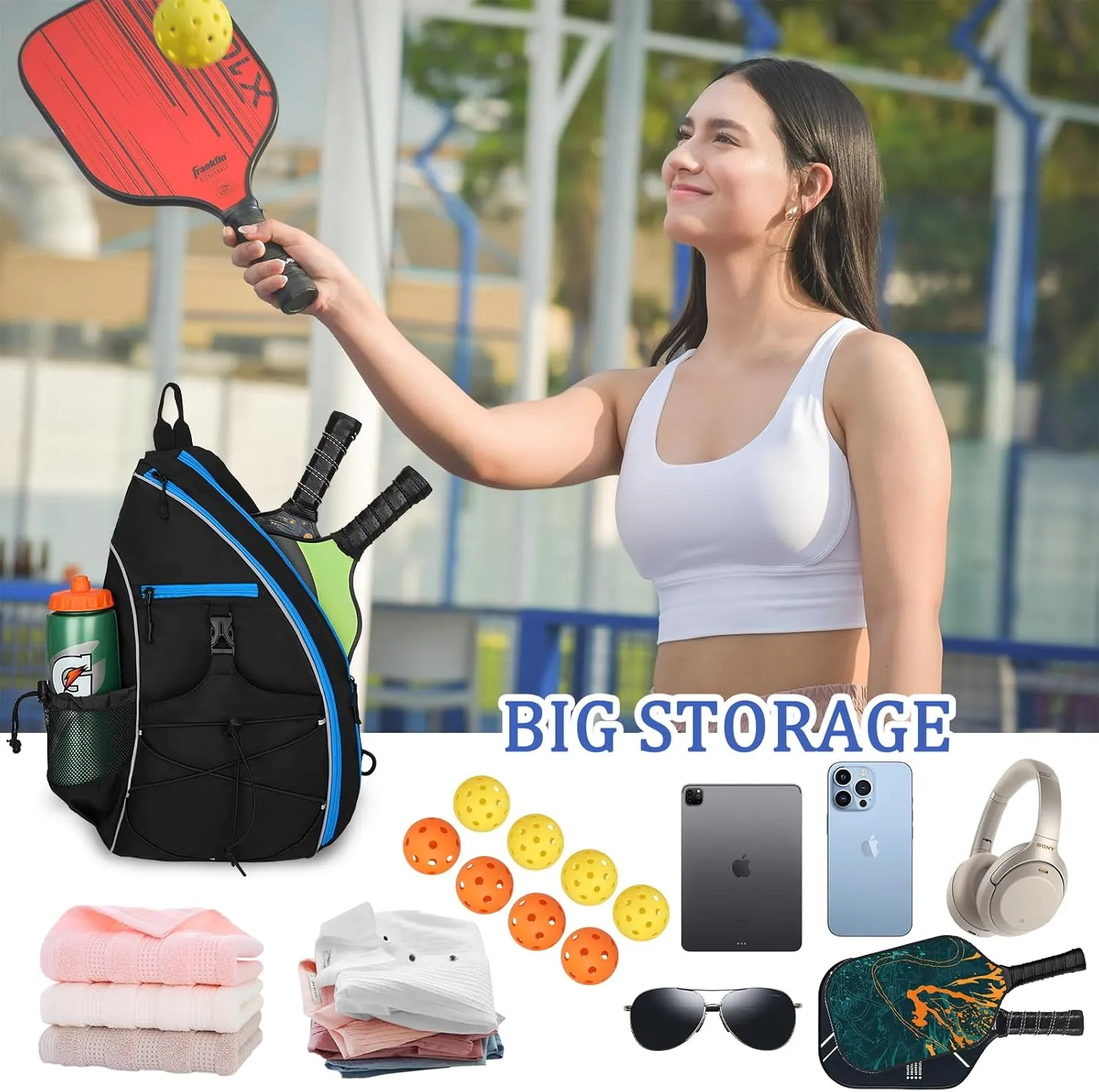 Goloni Pickleball Bag for Women,Mens Pickle ball Backpack,Lightweight Sling Bag with Fence Hook,Large Capacity,Safety Pocket