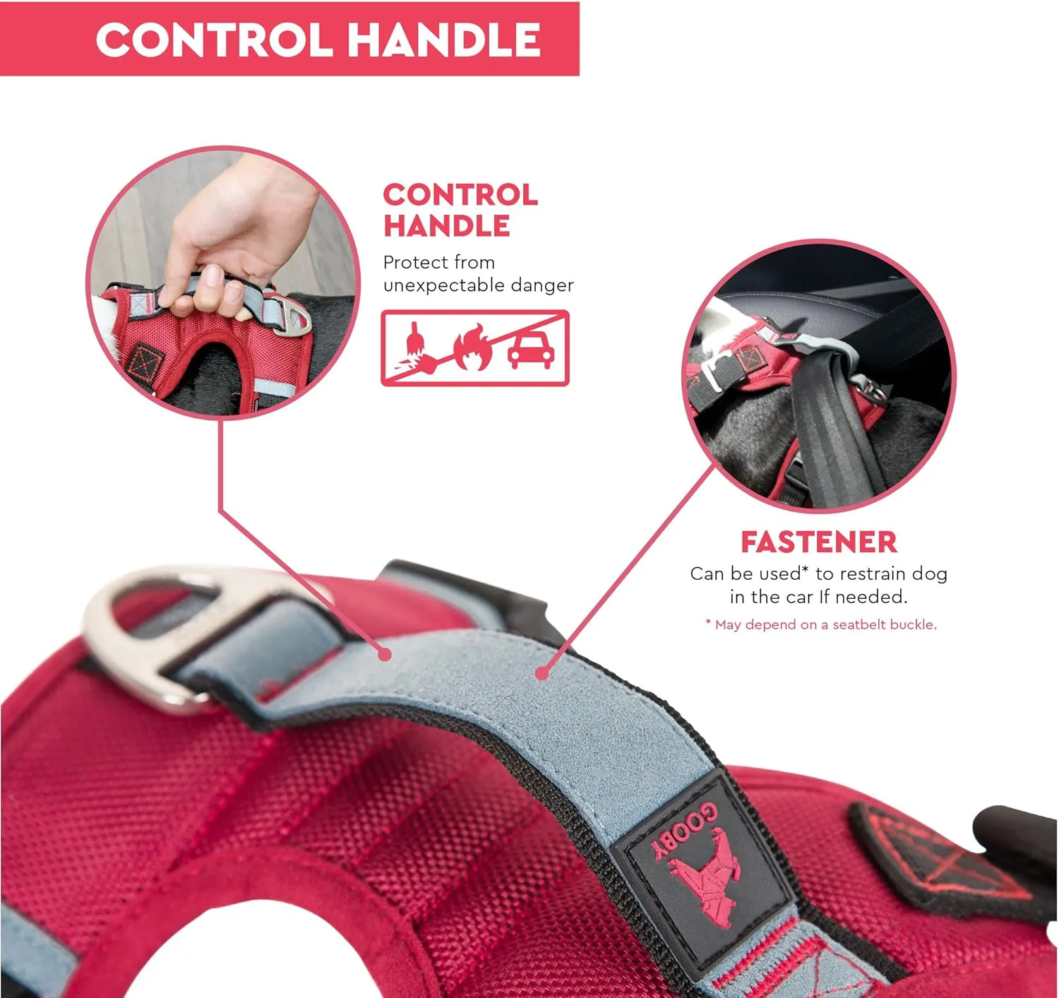 Gooby Pioneer Dog Harness with Control Handle & Seat Belt Restrain Capability, X-Large, Red