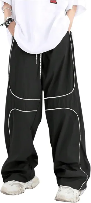 GORGLITTER Men's Baggy Track Pants Y2K Drawstring Elastic Waist Wide Leg Parachute Pants