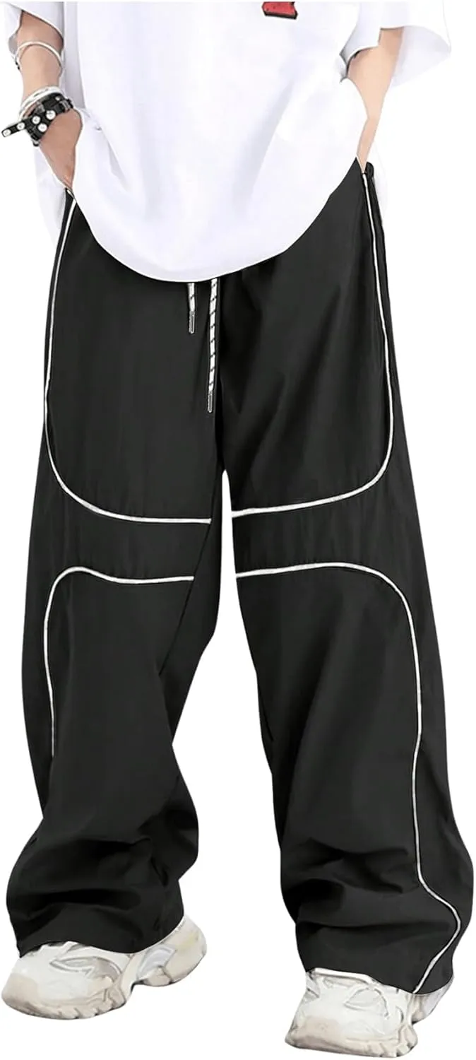 GORGLITTER Men's Baggy Track Pants Y2K Drawstring Elastic Waist Wide Leg Parachute Pants