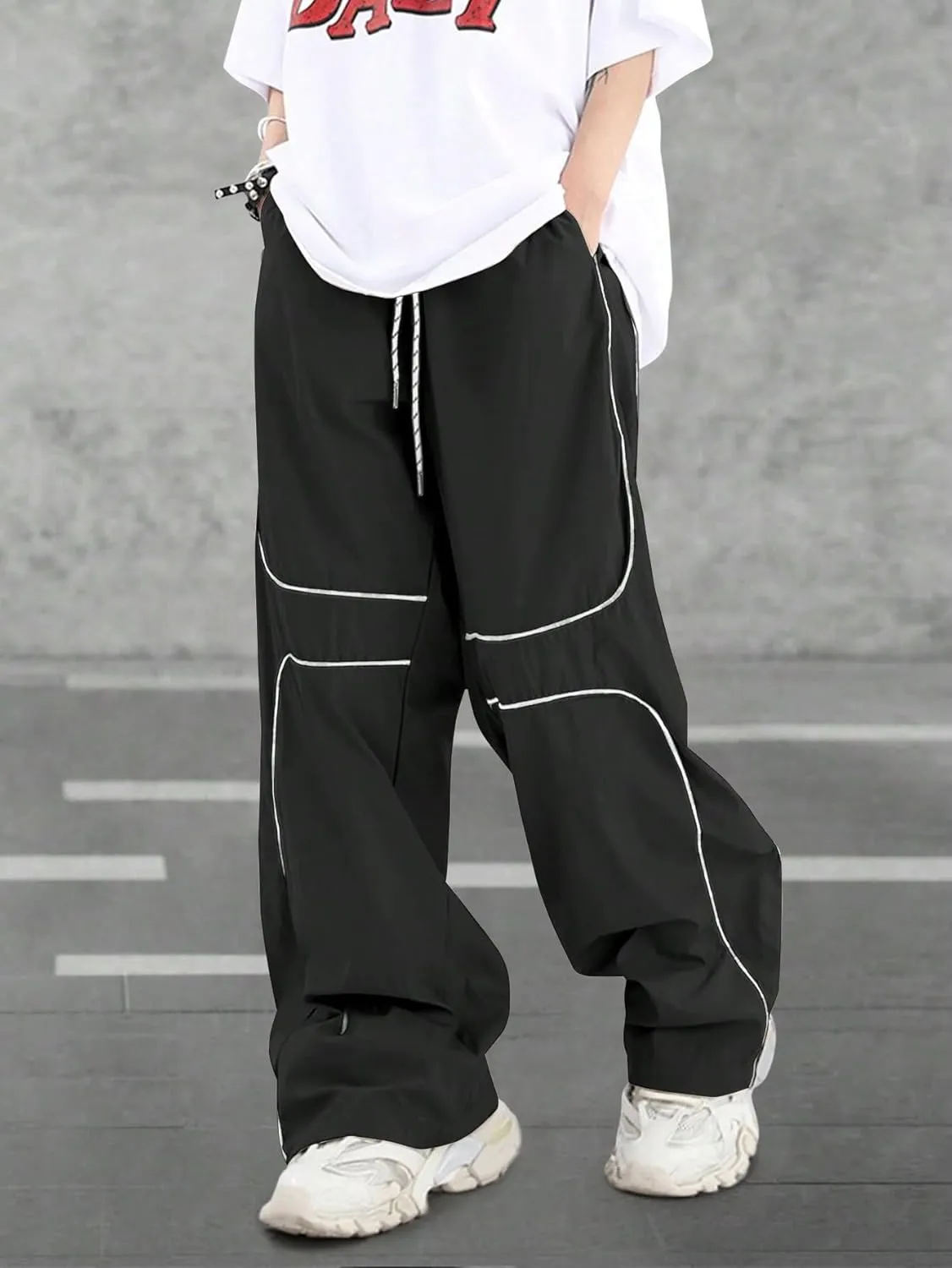 GORGLITTER Men's Baggy Track Pants Y2K Drawstring Elastic Waist Wide Leg Parachute Pants