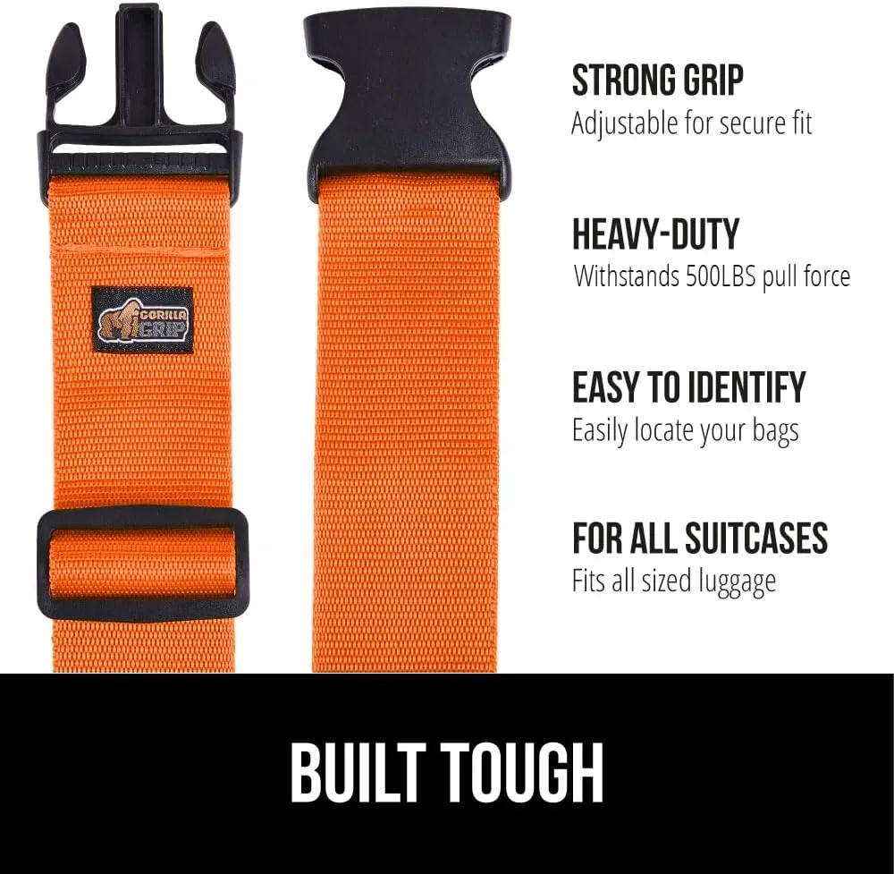GORILLA GRIP Heavy Duty 4 Pack Adjustable Luggage Straps for Suitcases, Easy to Identify Travel Belt Connector Holds Suitcase Together, Extends Life of Bag, Strap Connects Two Bags, Accessories Orange