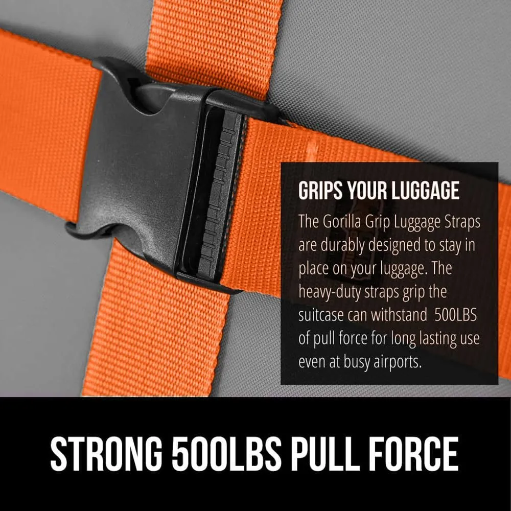 GORILLA GRIP Heavy Duty 4 Pack Adjustable Luggage Straps for Suitcases, Easy to Identify Travel Belt Connector Holds Suitcase Together, Extends Life of Bag, Strap Connects Two Bags, Accessories Orange
