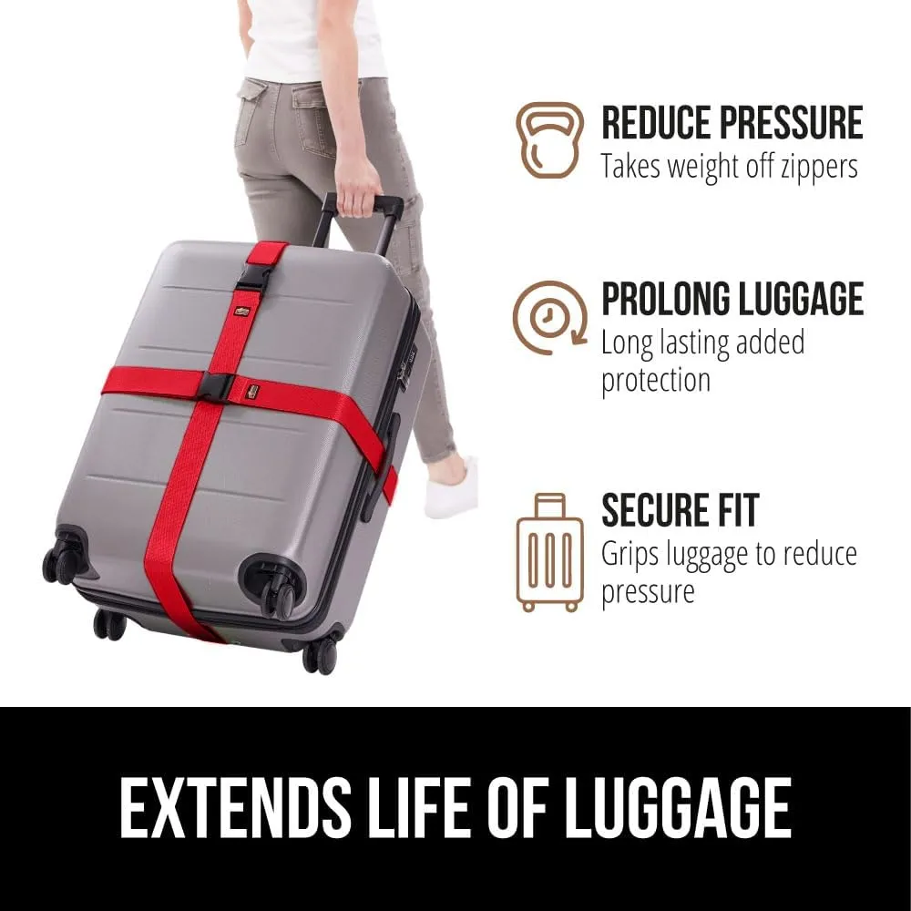 GORILLA GRIP Heavy Duty Adjustable Luggage Straps for Suitcases, Easy to Identify Travel Belt Connector Holds Suitcase Together, Extends Life of Bag, Strap Connects Two Bags, Accessories 2 Pack Red