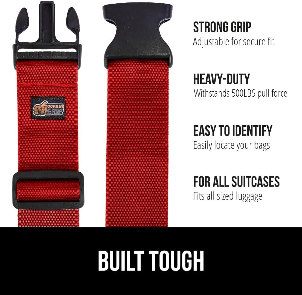 GORILLA GRIP Heavy Duty Adjustable Luggage Straps for Suitcases, Easy to Identify Travel Belt Connector Holds Suitcase Together, Extends Life of Bag, Strap Connects Two Bags, Accessories 2 Pack Red