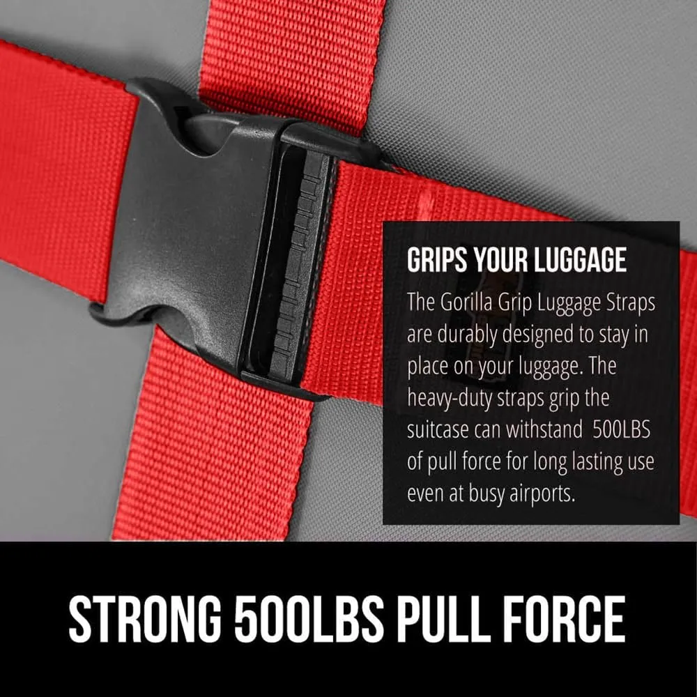 GORILLA GRIP Heavy Duty Adjustable Luggage Straps for Suitcases, Easy to Identify Travel Belt Connector Holds Suitcase Together, Extends Life of Bag, Strap Connects Two Bags, Accessories 2 Pack Red