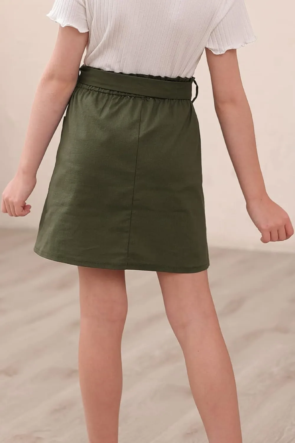 GORLYA Girls Paper Bag Elastic Waist Button Trim Front Belted Skirts with Pockets 4-14T