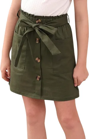 GORLYA Girls Paper Bag Elastic Waist Button Trim Front Belted Skirts with Pockets 4-14T