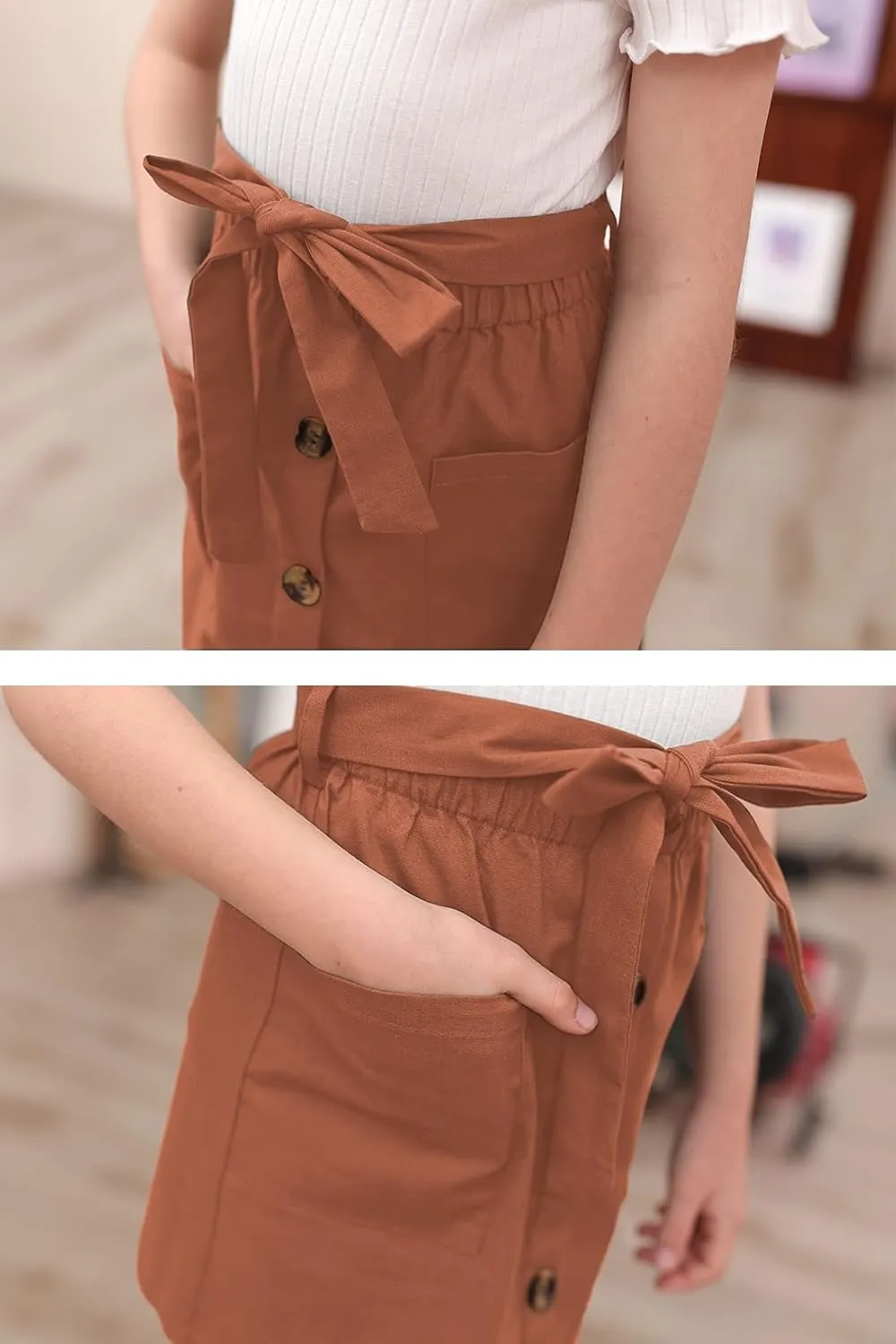 GORLYA Girls Paper Bag Elastic Waist Button Trim Front Belted Skirts with Pockets 4-14T