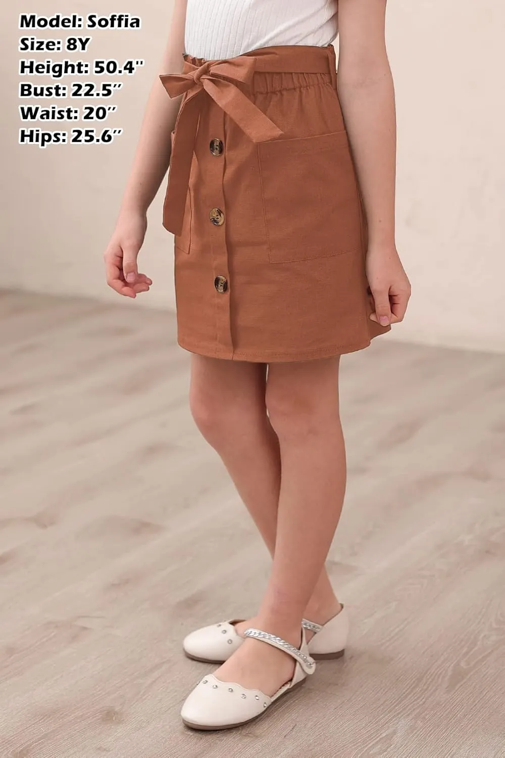 GORLYA Girls Paper Bag Elastic Waist Button Trim Front Belted Skirts with Pockets 4-14T