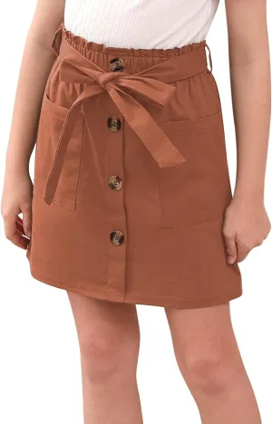 GORLYA Girls Paper Bag Elastic Waist Button Trim Front Belted Skirts with Pockets 4-14T