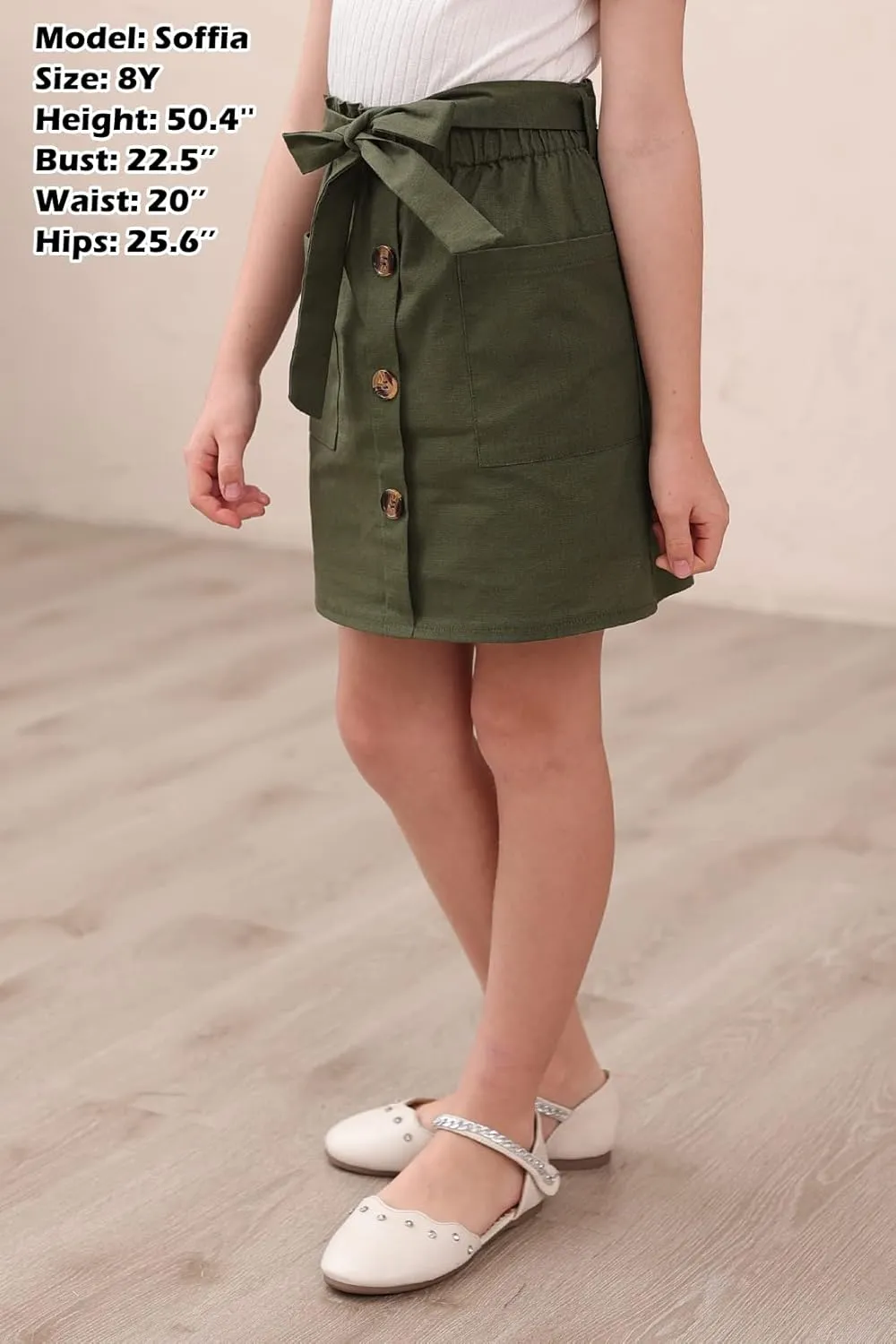 GORLYA Girls Paper Bag Elastic Waist Button Trim Front Belted Skirts with Pockets 4-14T