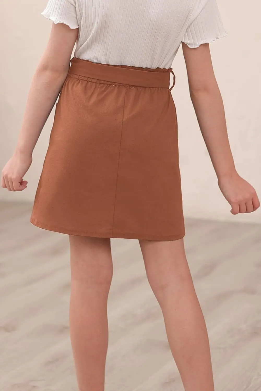 GORLYA Girls Paper Bag Elastic Waist Button Trim Front Belted Skirts with Pockets 4-14T