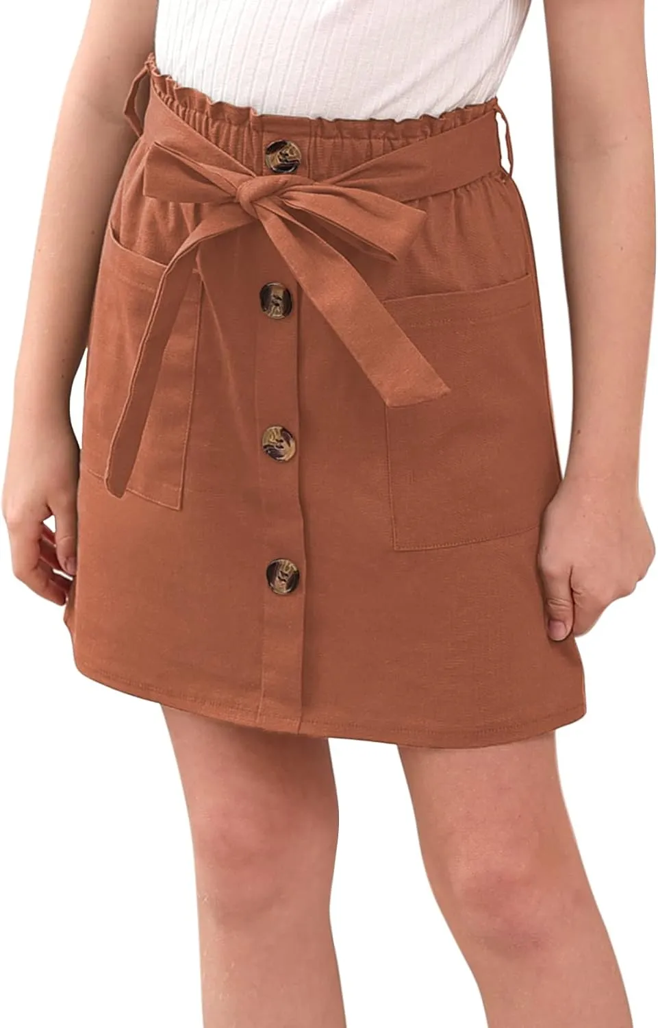 GORLYA Girls Paper Bag Elastic Waist Button Trim Front Belted Skirts with Pockets 4-14T
