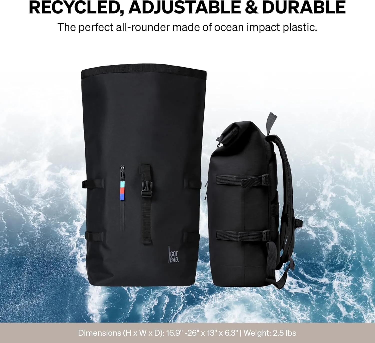 GOT BAG - ROLLTOP Backpack, Hiking & Travel with a 15” Laptop Sleeve, Eco-Conscious Bag Made of Recycled Ocean Impact Plastic™ (Shark Color)