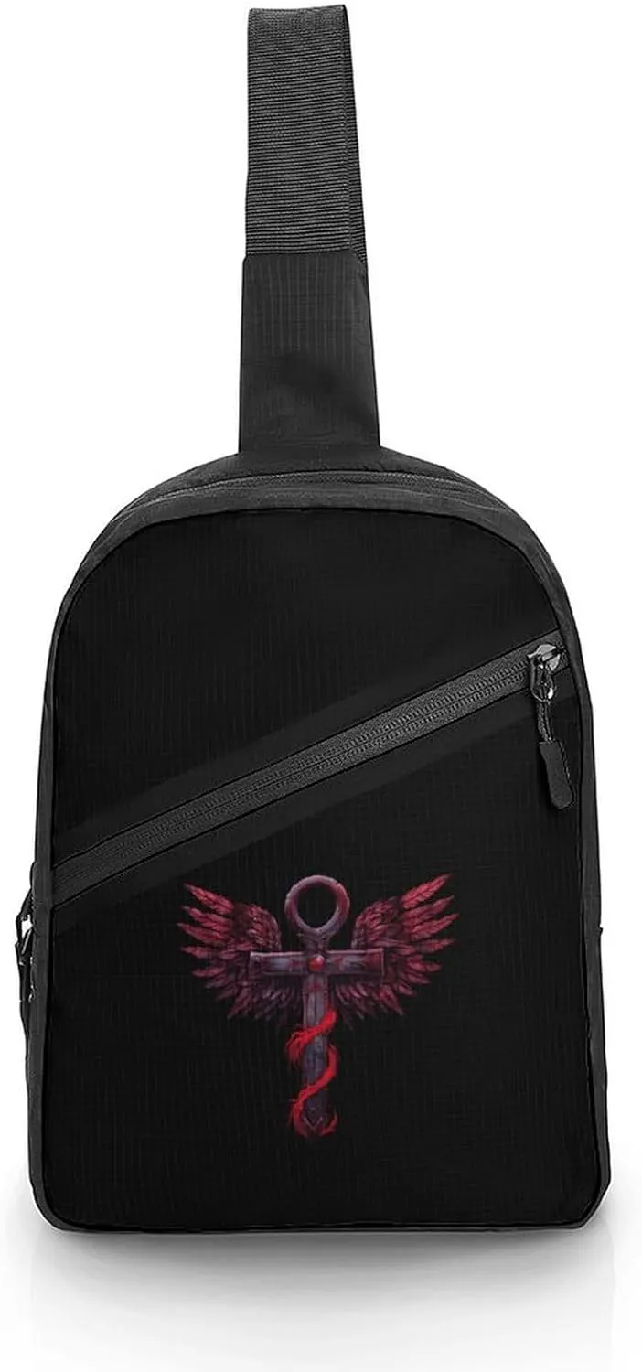 Gothic Silver Ankh Vampire with Red Wings Sling Backpack Crossbody Shoulder Bag Casual Chest Bag Travel Hiking Daypack
