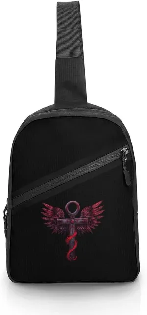 Gothic Silver Ankh Vampire with Red Wings Sling Backpack Crossbody Shoulder Bag Casual Chest Bag Travel Hiking Daypack