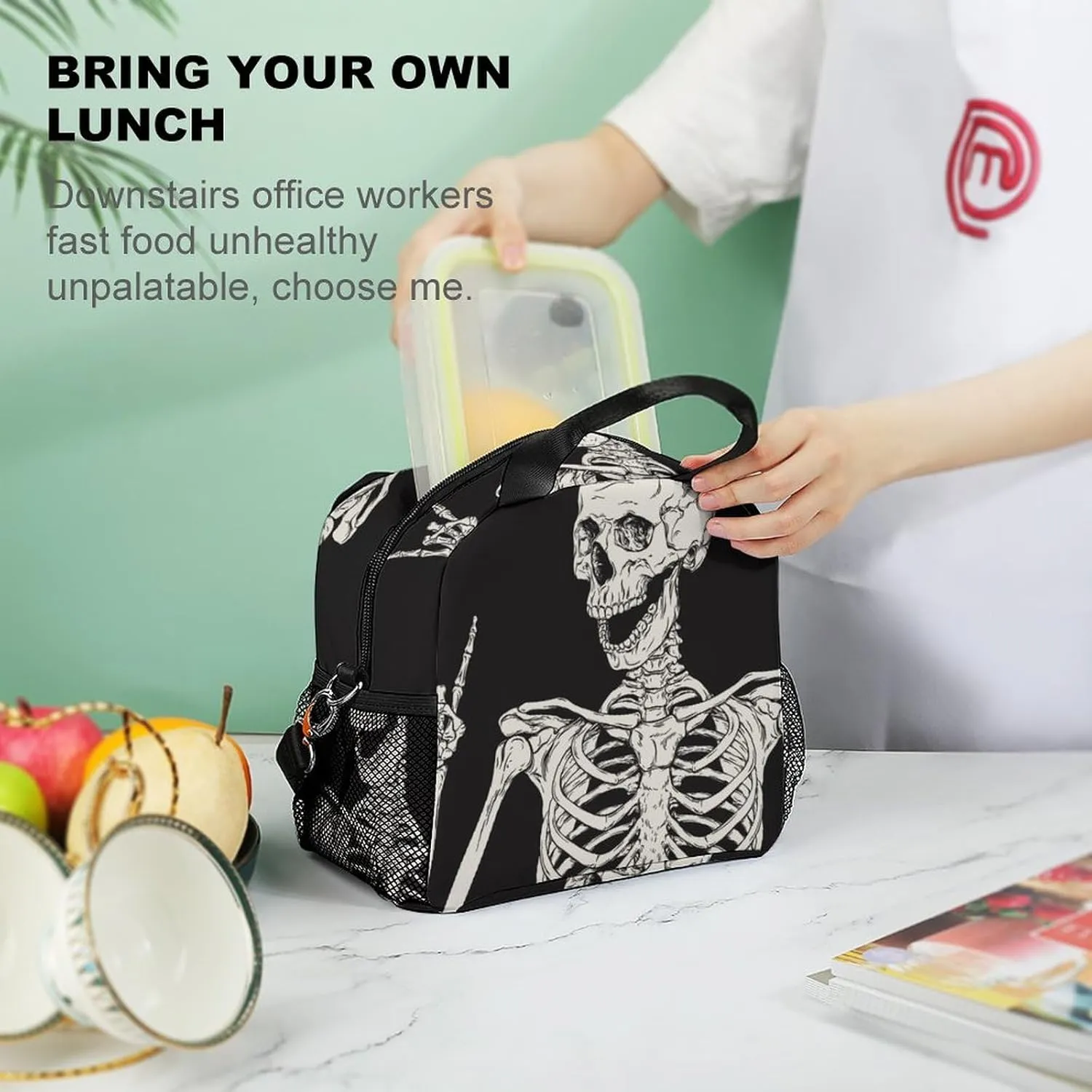 Gothic Skeleton Frame Adjustable Shoulder Strap Insulated And Leak Proof Premium Lunch Bag Unisex