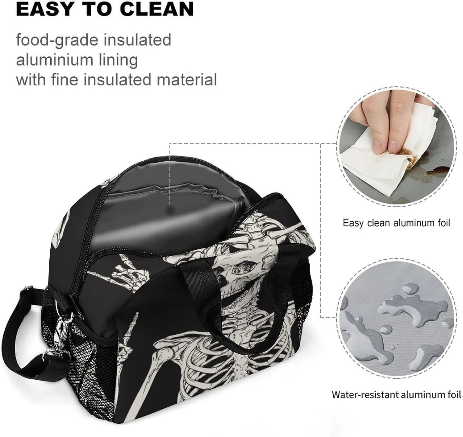 Gothic Skeleton Frame Adjustable Shoulder Strap Insulated And Leak Proof Premium Lunch Bag Unisex