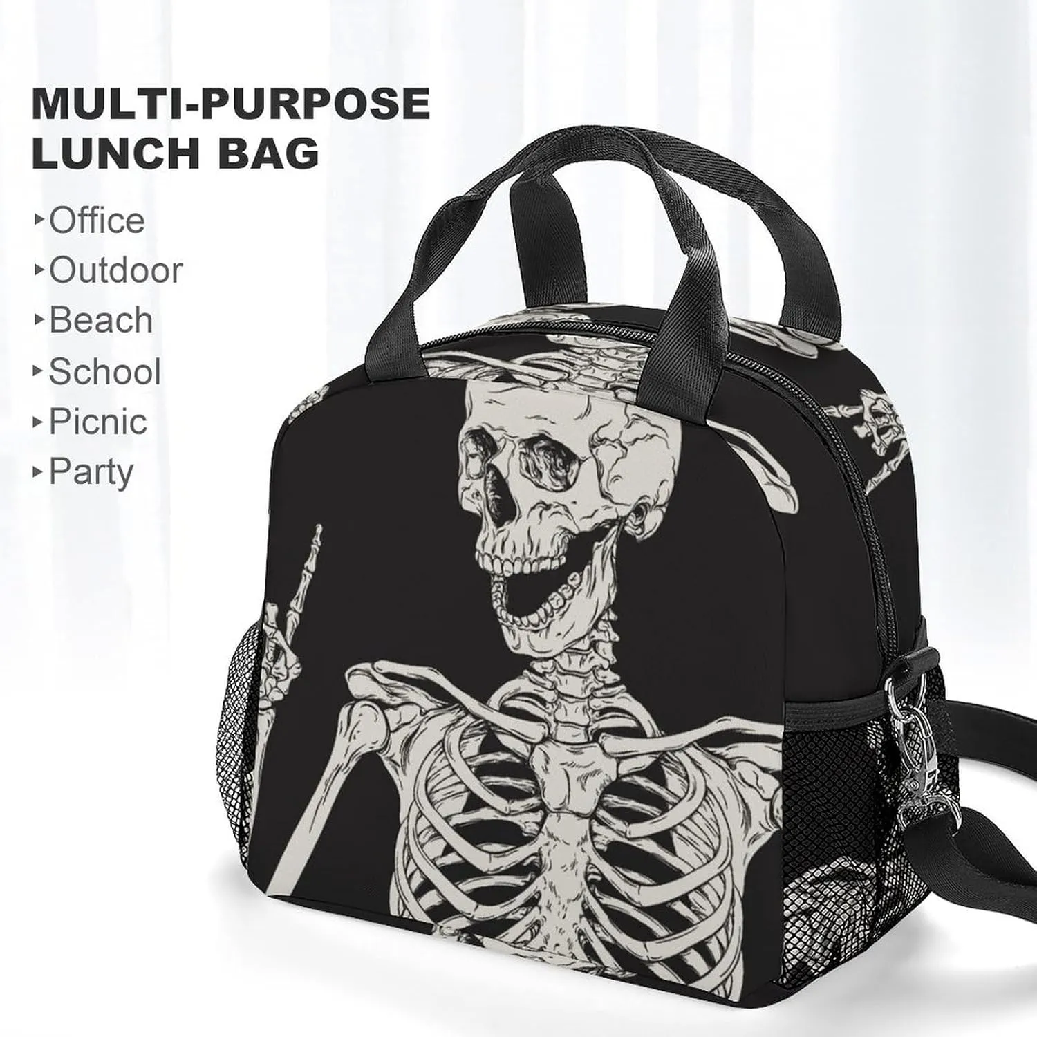 Gothic Skeleton Frame Adjustable Shoulder Strap Insulated And Leak Proof Premium Lunch Bag Unisex