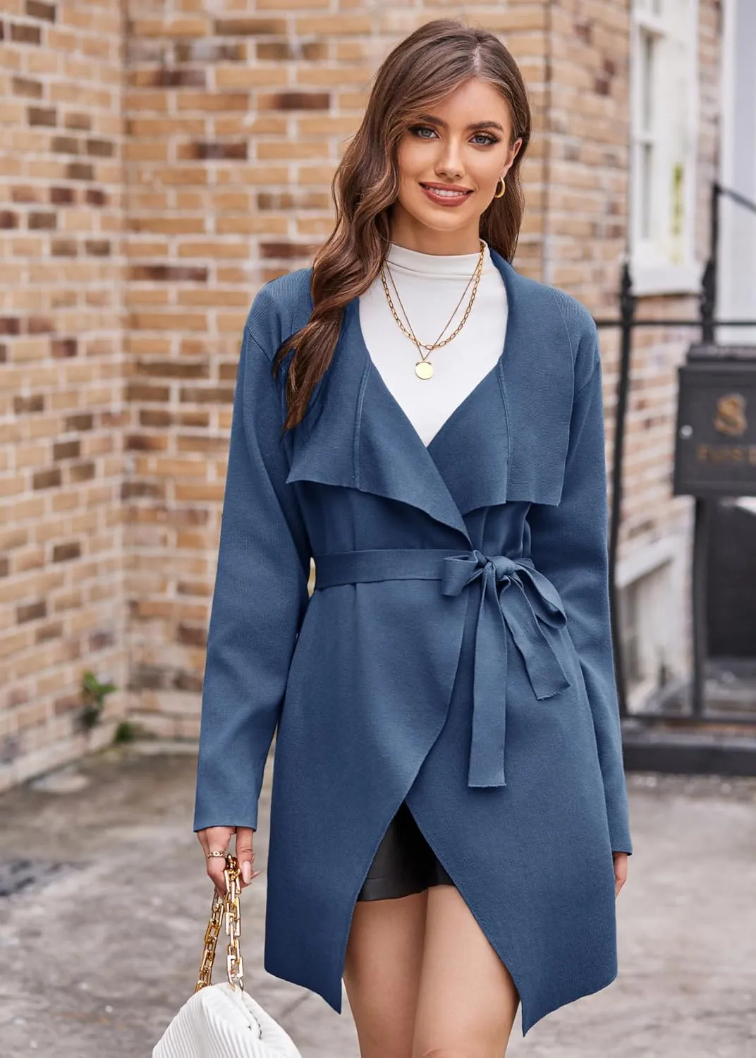 GRACE KARIN Cardigan for Women Lapel Draped Open Front Thin Sweater Long Sleeve Irregular Hem Outwear with Belt