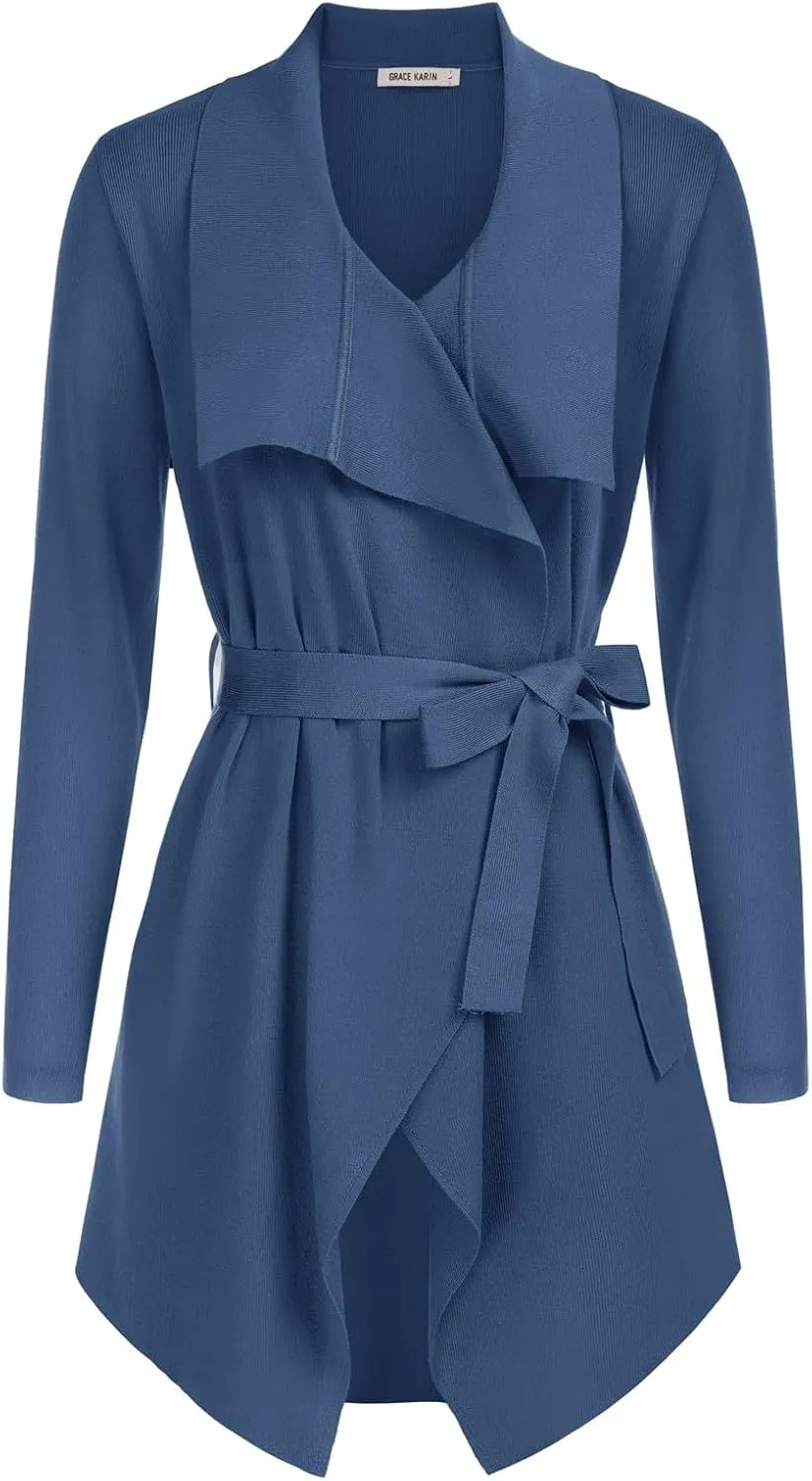 GRACE KARIN Cardigan for Women Lapel Draped Open Front Thin Sweater Long Sleeve Irregular Hem Outwear with Belt