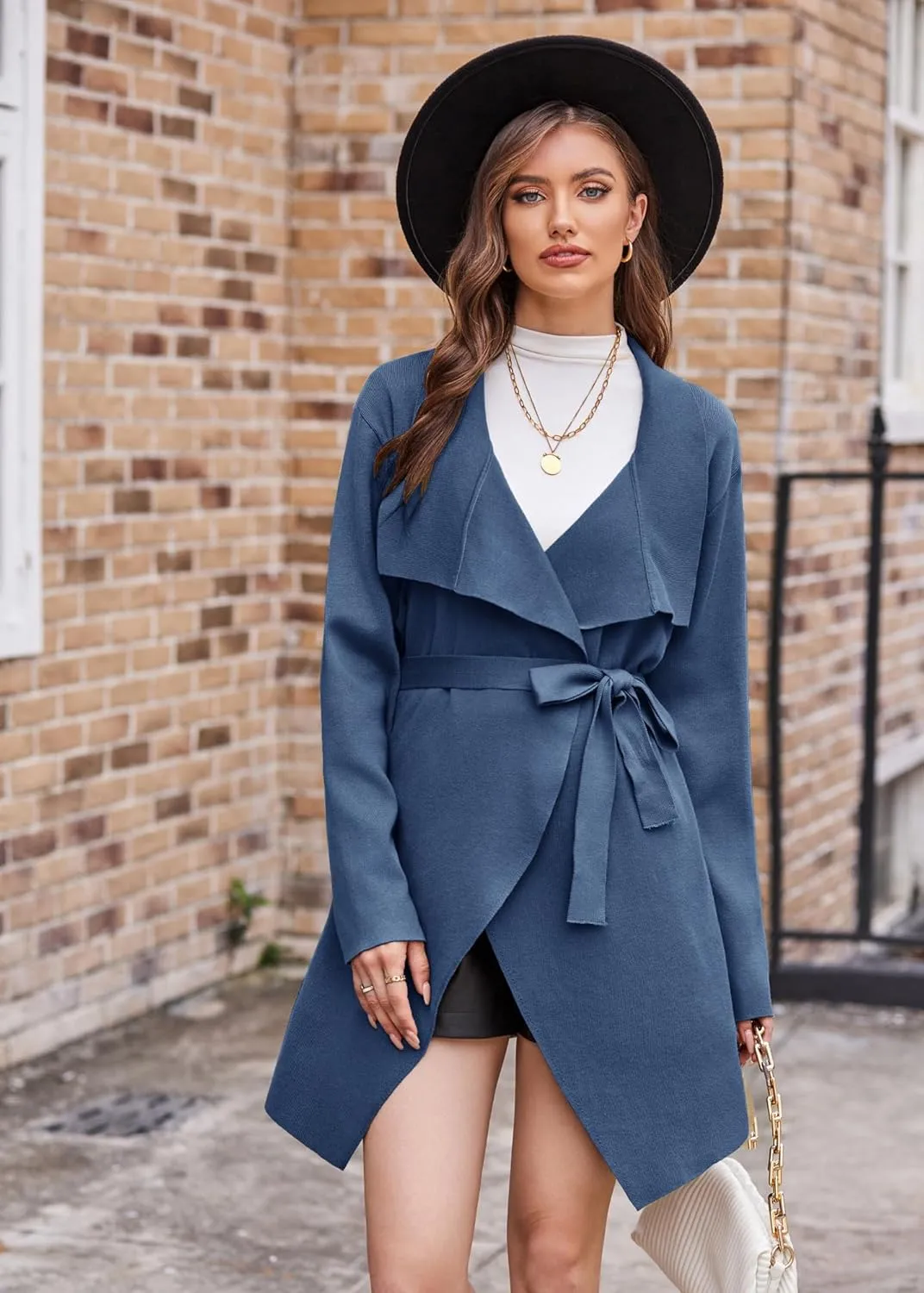 GRACE KARIN Cardigan for Women Lapel Draped Open Front Thin Sweater Long Sleeve Irregular Hem Outwear with Belt