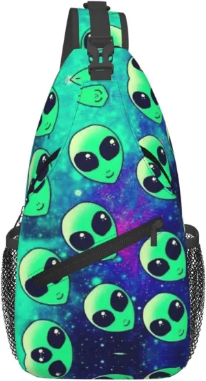 Green Aliens Print Sling Bag Crossbody Backpack For Women Men Hiking Travel Over The Shoulder Multipurpose Bag