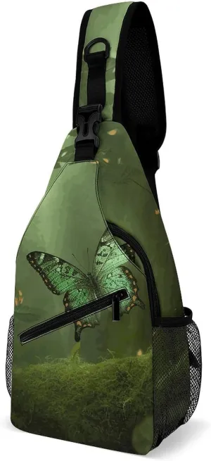 Green Forest Butterfly Sling Bag for Men Women Travel Crossbody Bags Large Hiking Sling Backpack Chest Bag Man Purse