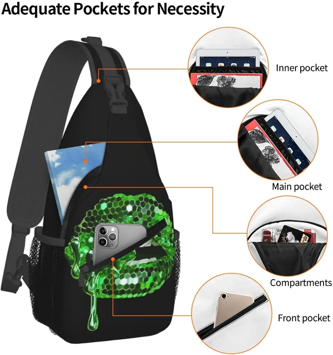 Green Glittered Lip Chest Sling Bag Crossbody Shoulder Backpack Bag Gym Cycling Daypack Travel Hiking Cross Bag