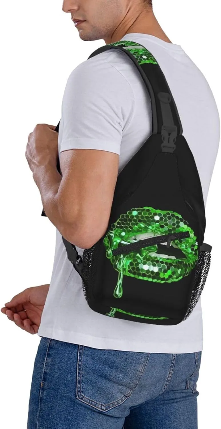 Green Glittered Lip Chest Sling Bag Crossbody Shoulder Backpack Bag Gym Cycling Daypack Travel Hiking Cross Bag