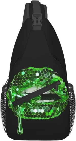 Green Glittered Lip Chest Sling Bag Crossbody Shoulder Backpack Bag Gym Cycling Daypack Travel Hiking Cross Bag