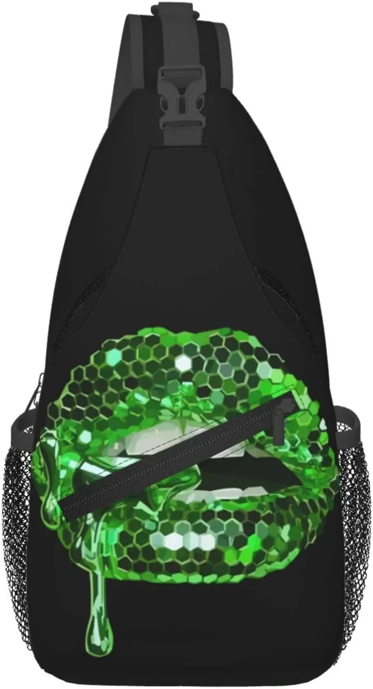 Green Glittered Lip Chest Sling Bag Crossbody Shoulder Backpack Bag Gym Cycling Daypack Travel Hiking Cross Bag