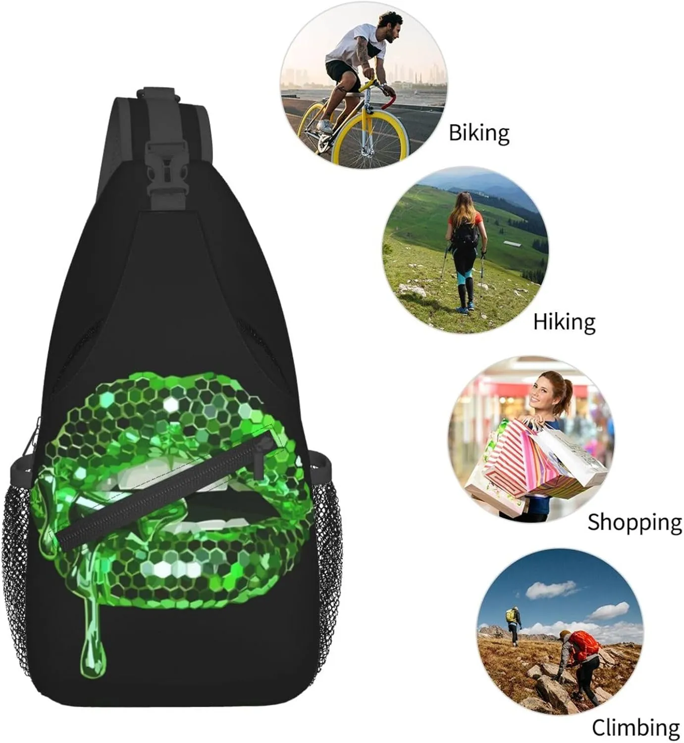 Green Glittered Lip Chest Sling Bag Crossbody Shoulder Backpack Bag Gym Cycling Daypack Travel Hiking Cross Bag