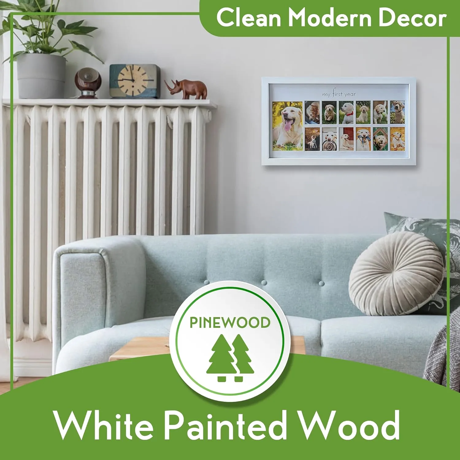 Green Pollywog My First Year Dog Picture Frame | 12-Month Photo Display | White Wood Keepsake | Fur Baby Milestone Gift