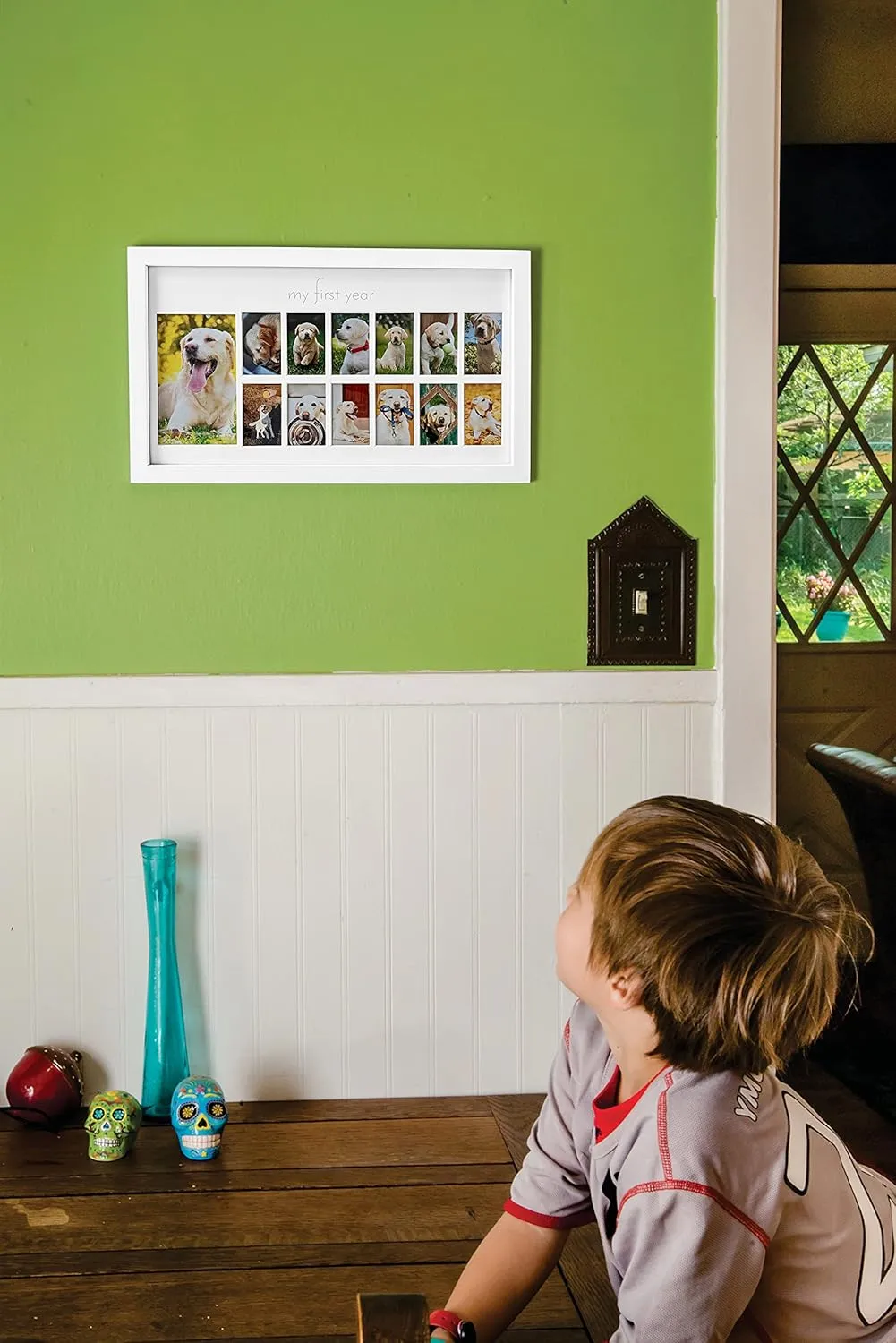 Green Pollywog My First Year Dog Picture Frame | 12-Month Photo Display | White Wood Keepsake | Fur Baby Milestone Gift