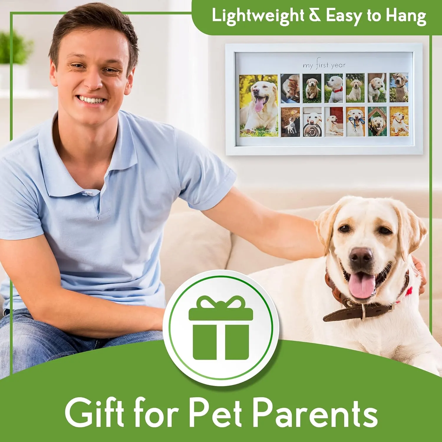 Green Pollywog My First Year Dog Picture Frame | 12-Month Photo Display | White Wood Keepsake | Fur Baby Milestone Gift